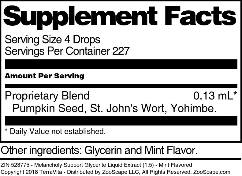 Melancholy Support Glycerite Liquid Extract (1:5) - Supplement / Nutrition Facts