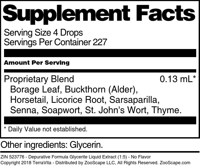 Depurative Formula Glycerite Liquid Extract (1:5) - Supplement / Nutrition Facts