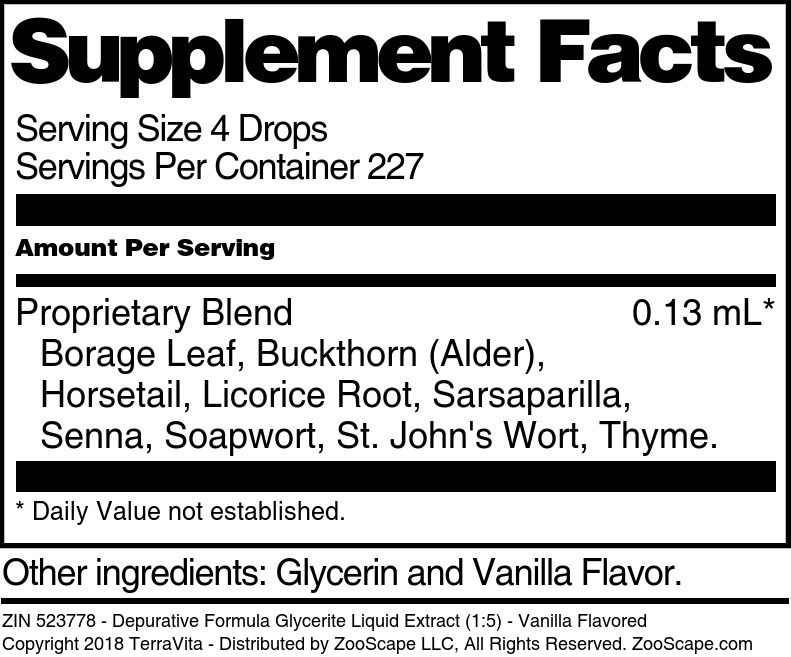 Depurative Formula Glycerite Liquid Extract (1:5) - Supplement / Nutrition Facts