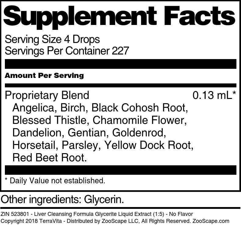 Liver Cleansing Formula Glycerite Liquid Extract (1:5) - Supplement / Nutrition Facts