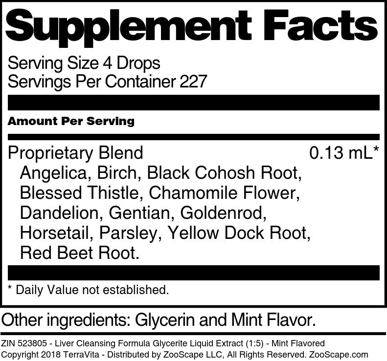 Liver Cleansing Formula Glycerite Liquid Extract (1:5) - Supplement / Nutrition Facts