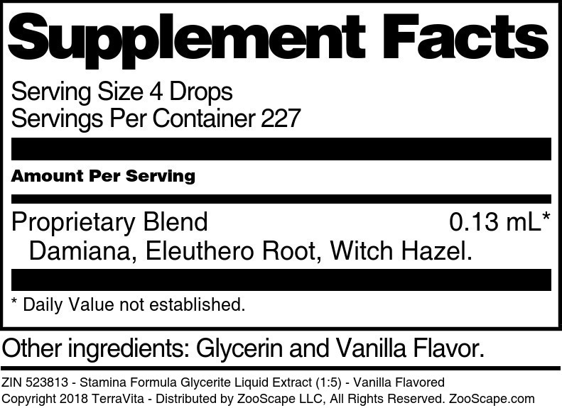 Stamina Formula Glycerite Liquid Extract (1:5) - Supplement / Nutrition Facts