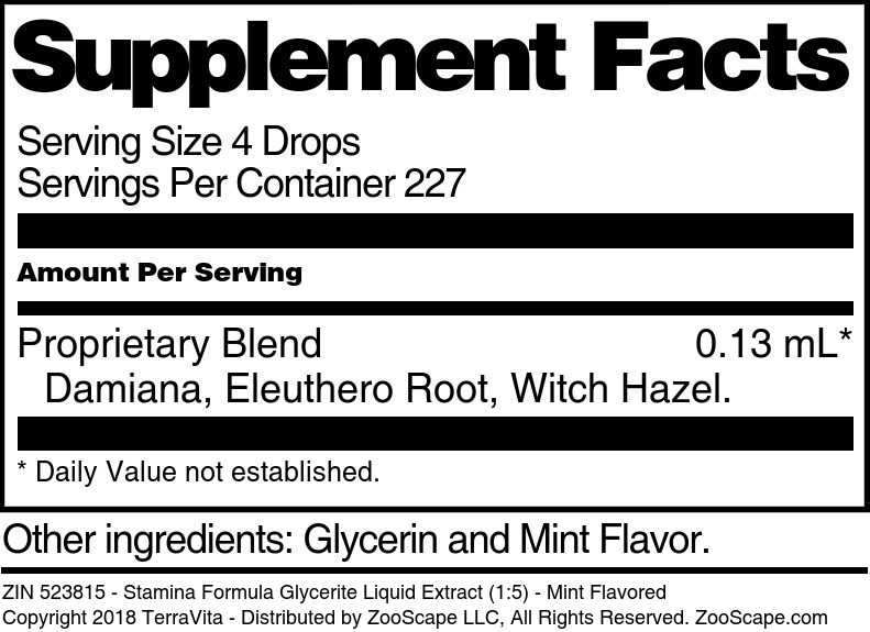 Stamina Formula Glycerite Liquid Extract (1:5) - Supplement / Nutrition Facts