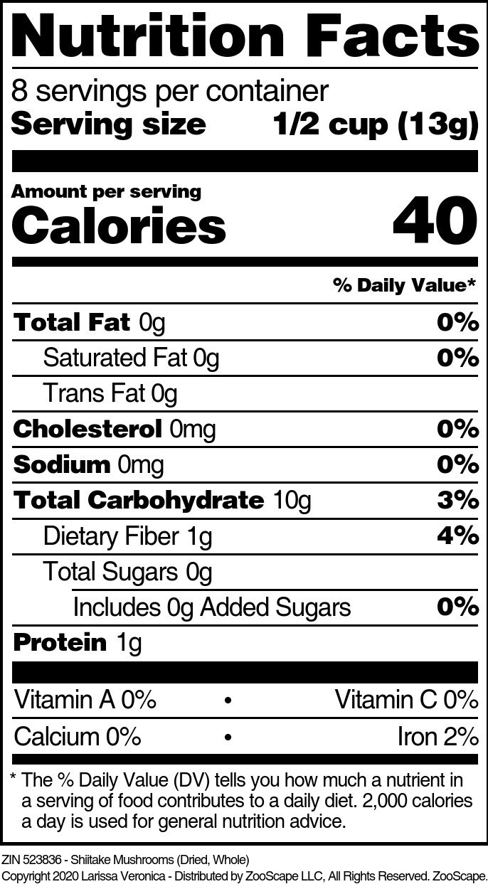 Shiitake Mushrooms (Dried, Whole) - Supplement / Nutrition Facts