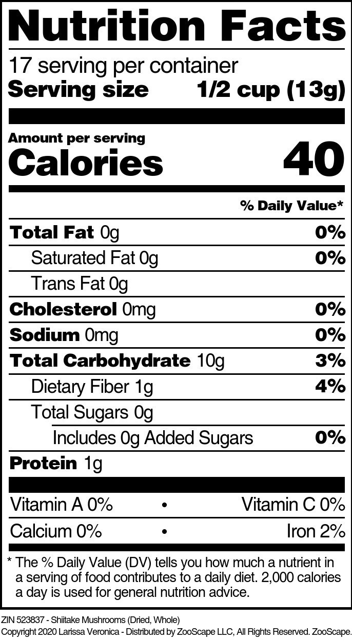 Shiitake Mushrooms (Dried, Whole) - Supplement / Nutrition Facts