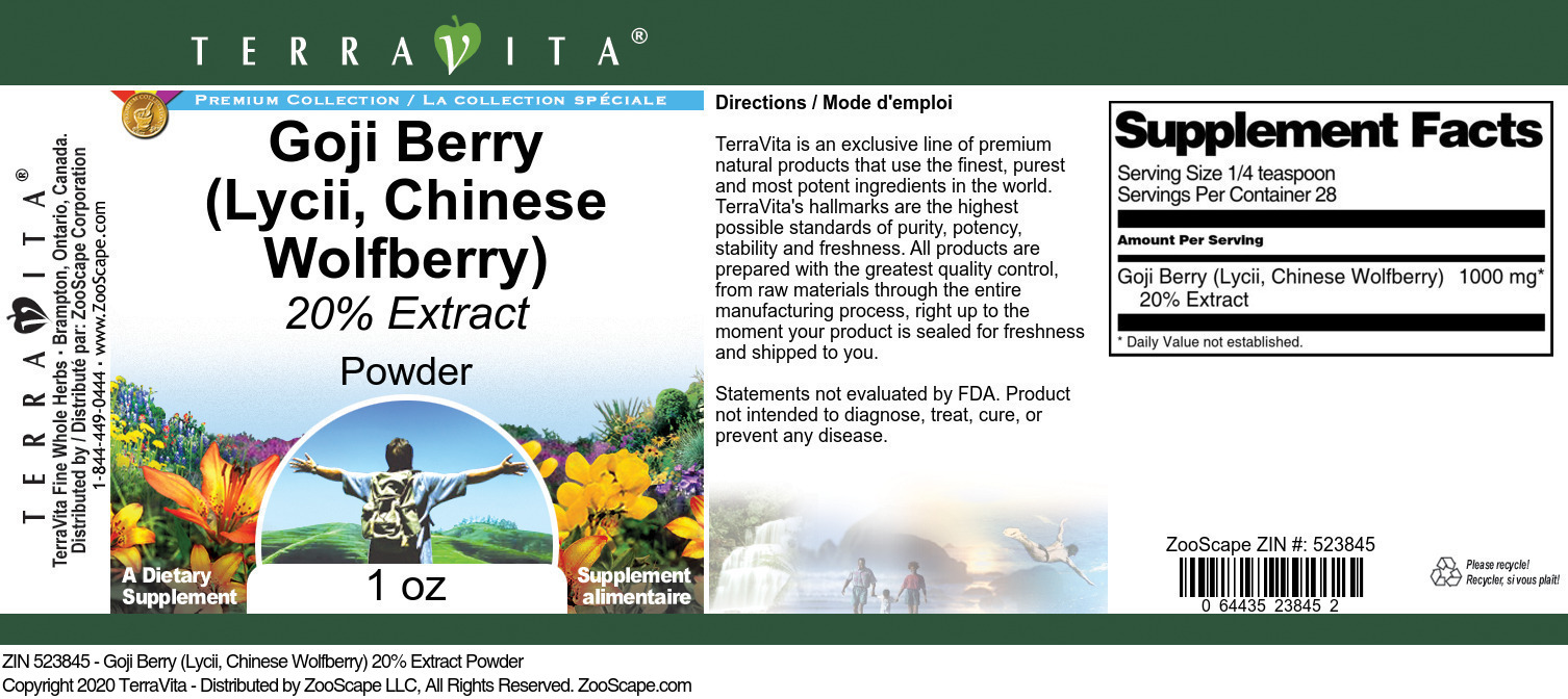 Goji Berry (Lycii, Chinese Wolfberry) 20% Extract Powder - Label