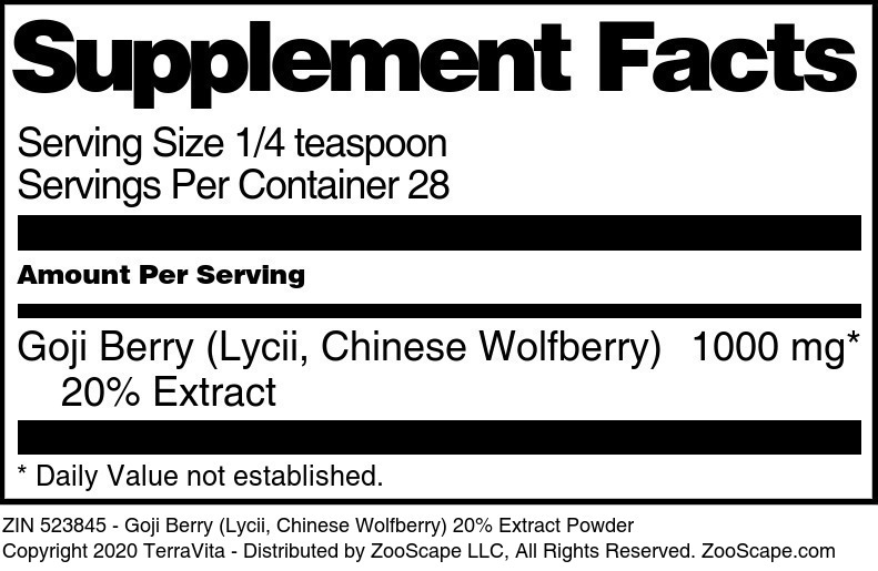 Goji Berry (Lycii, Chinese Wolfberry) 20% Extract Powder - Supplement / Nutrition Facts