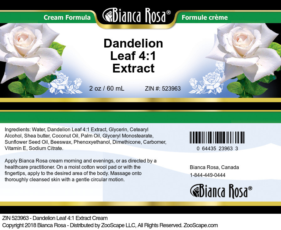 Dandelion Leaf 4:1 Extract Cream - Label