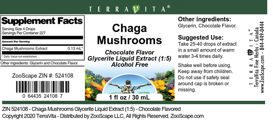 Chaga Mushrooms Glycerite Liquid Extract (1:5) - Label