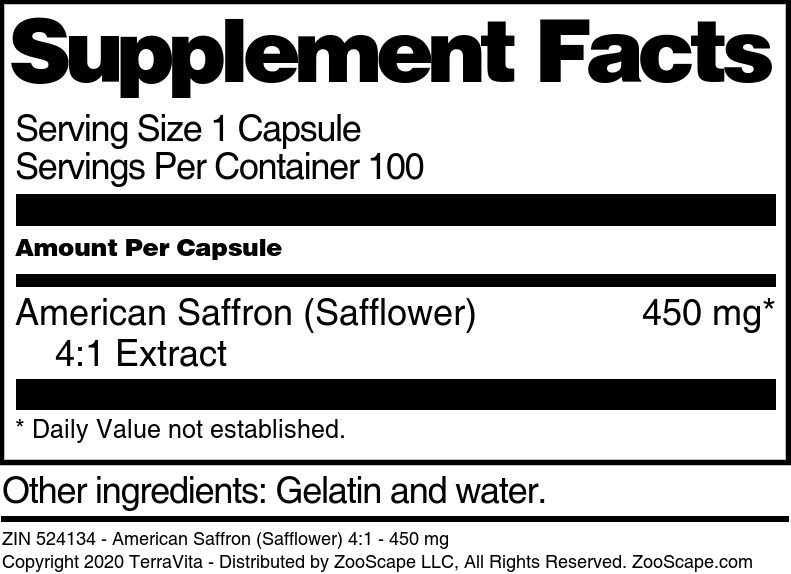 American Saffron (Safflower) 4:1 - 450 mg - Supplement / Nutrition Facts