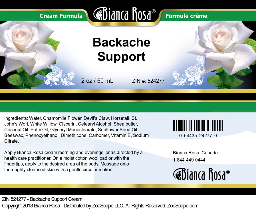 Backache Support Cream - Label