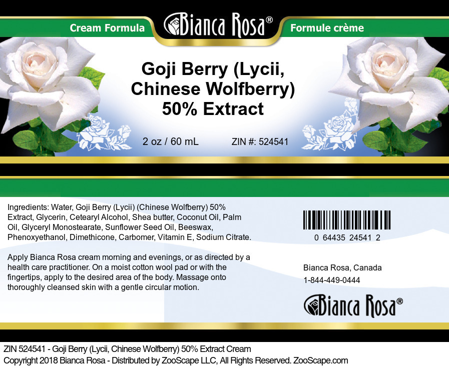 Goji Berry (Lycii, Chinese Wolfberry) 50% Extract Cream - Label