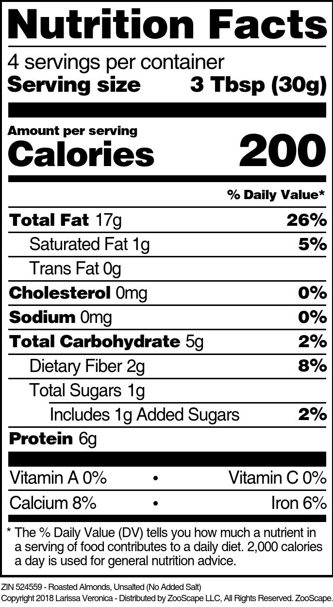 Roasted Almonds, Unsalted (No Added Salt) - Supplement / Nutrition Facts