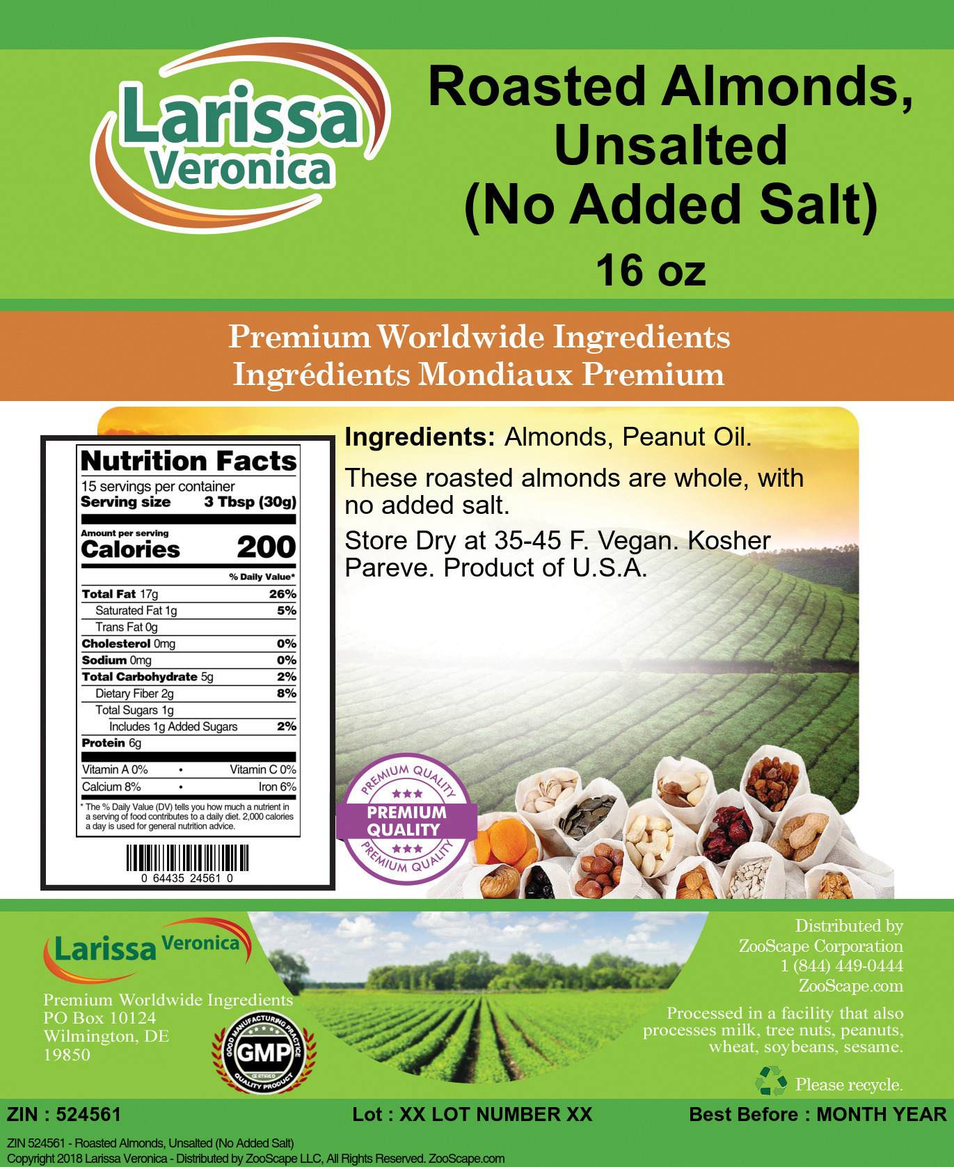 Roasted Almonds, Unsalted (No Added Salt) - Label