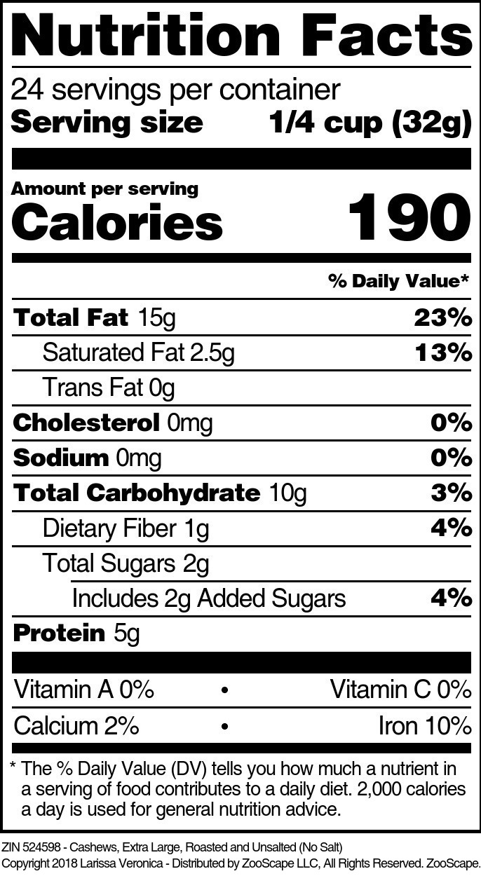 Cashews, Extra Large, Roasted and Unsalted (No Salt) - Supplement / Nutrition Facts