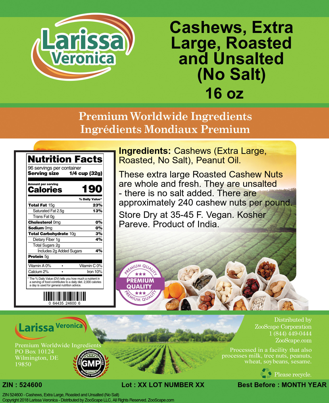 Cashews, Extra Large, Roasted and Unsalted (No Salt) - Label