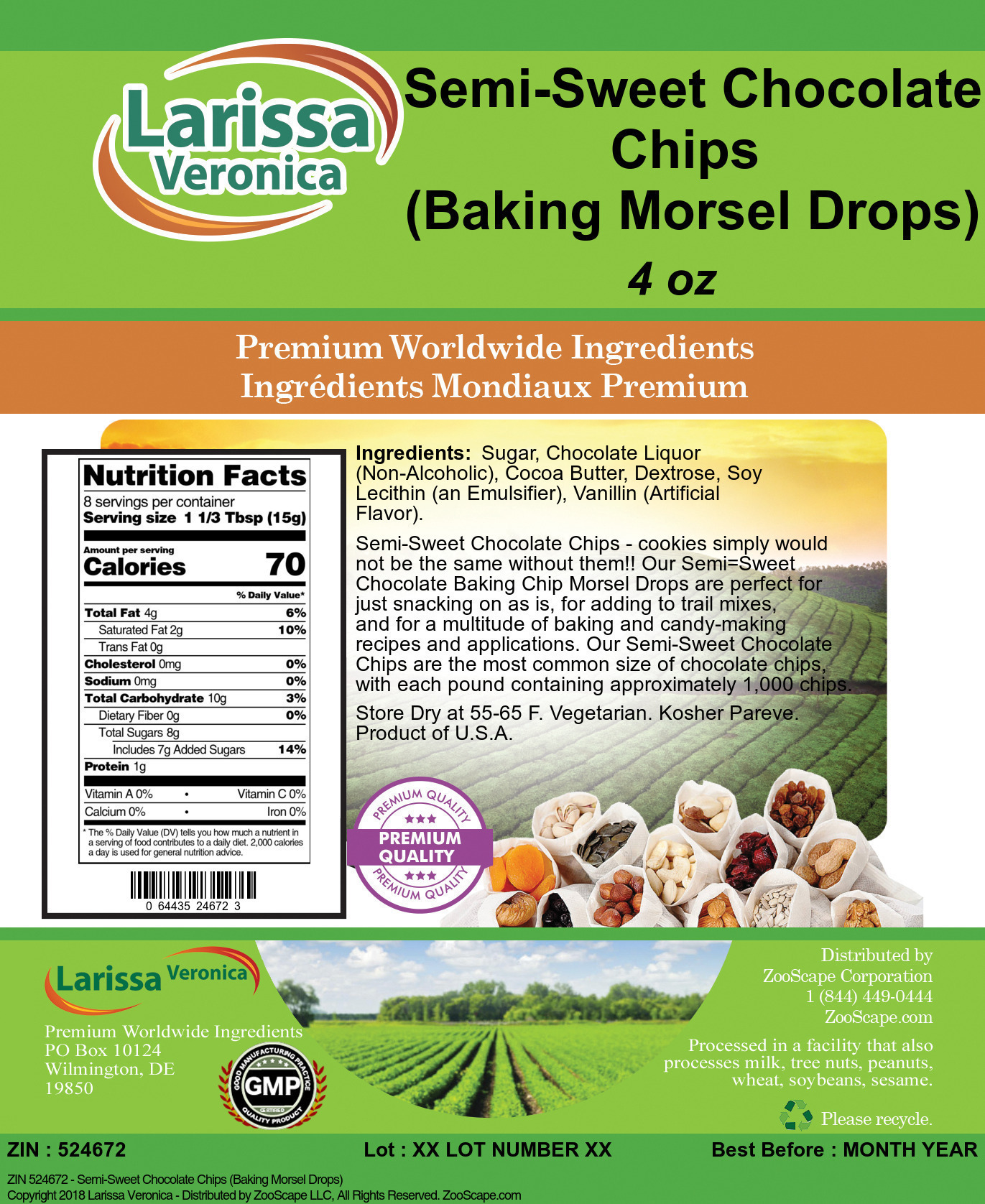 Semi-Sweet Chocolate Chips (Baking Morsel Drops) - Label