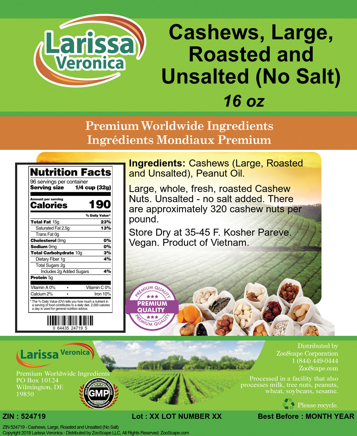 Cashews, Large, Roasted and Unsalted (No Salt) - Label