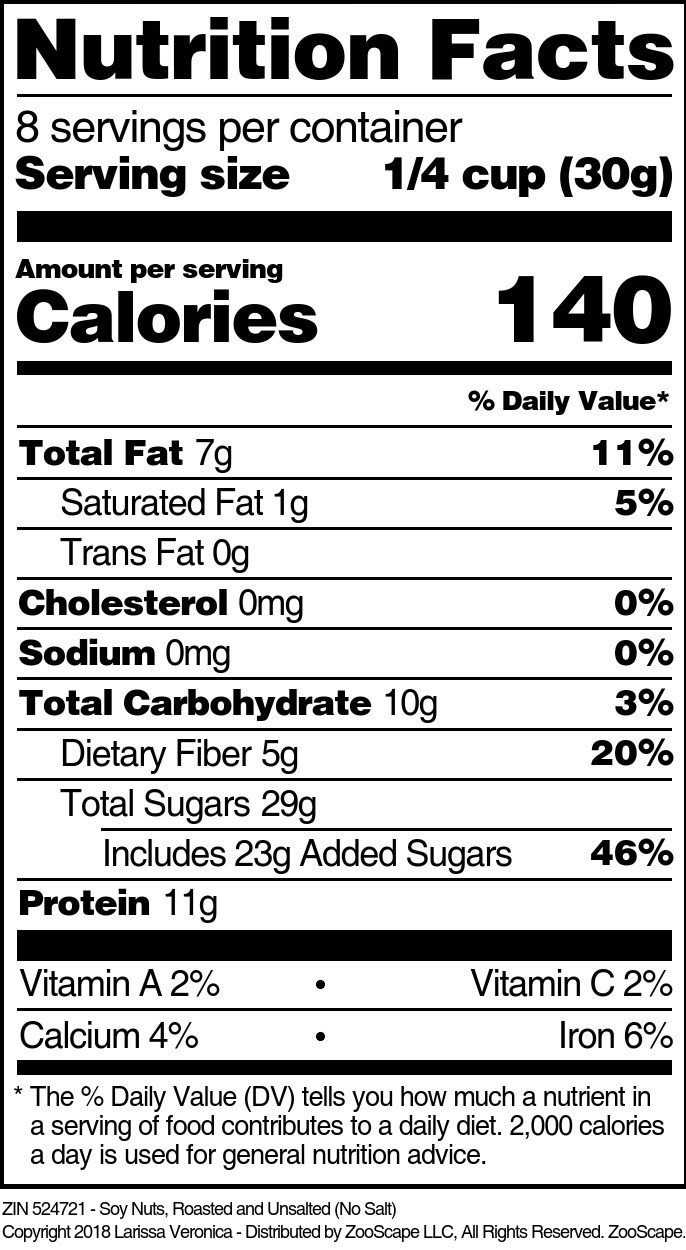 Soy Nuts, Roasted and Unsalted (No Salt) - Supplement / Nutrition Facts