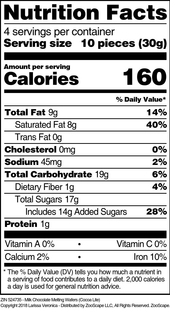 Milk Chocolate Melting Wafers (Cocoa Lite) - Supplement / Nutrition Facts