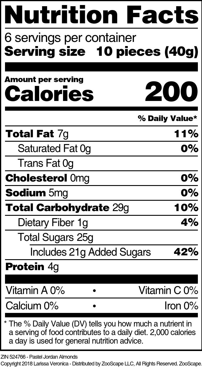 Pastel Jordan Almonds - Supplement / Nutrition Facts