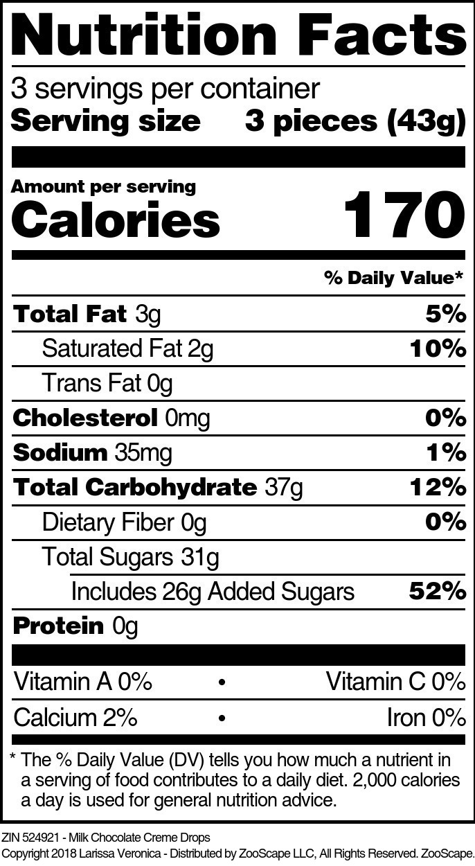 Milk Chocolate Creme Drops - Supplement / Nutrition Facts