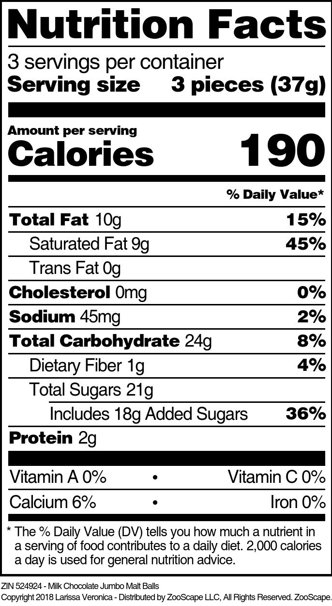 Milk Chocolate Jumbo Malt Balls - Supplement / Nutrition Facts