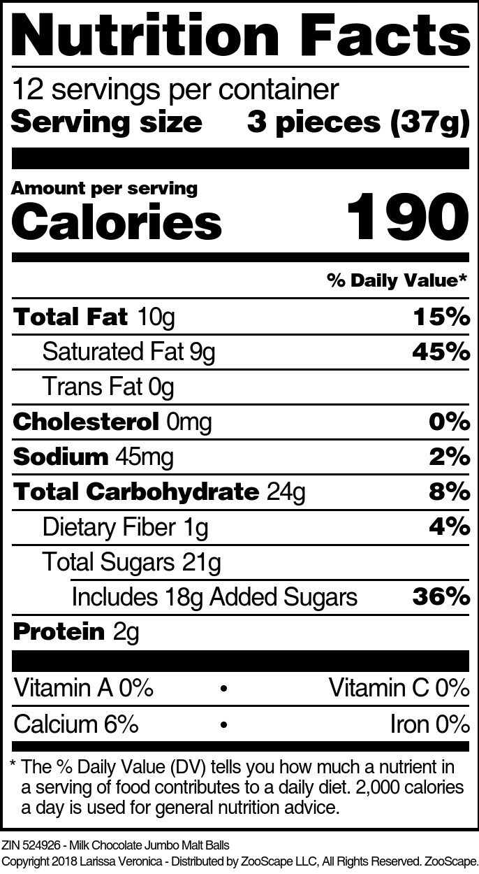 Milk Chocolate Jumbo Malt Balls - Supplement / Nutrition Facts