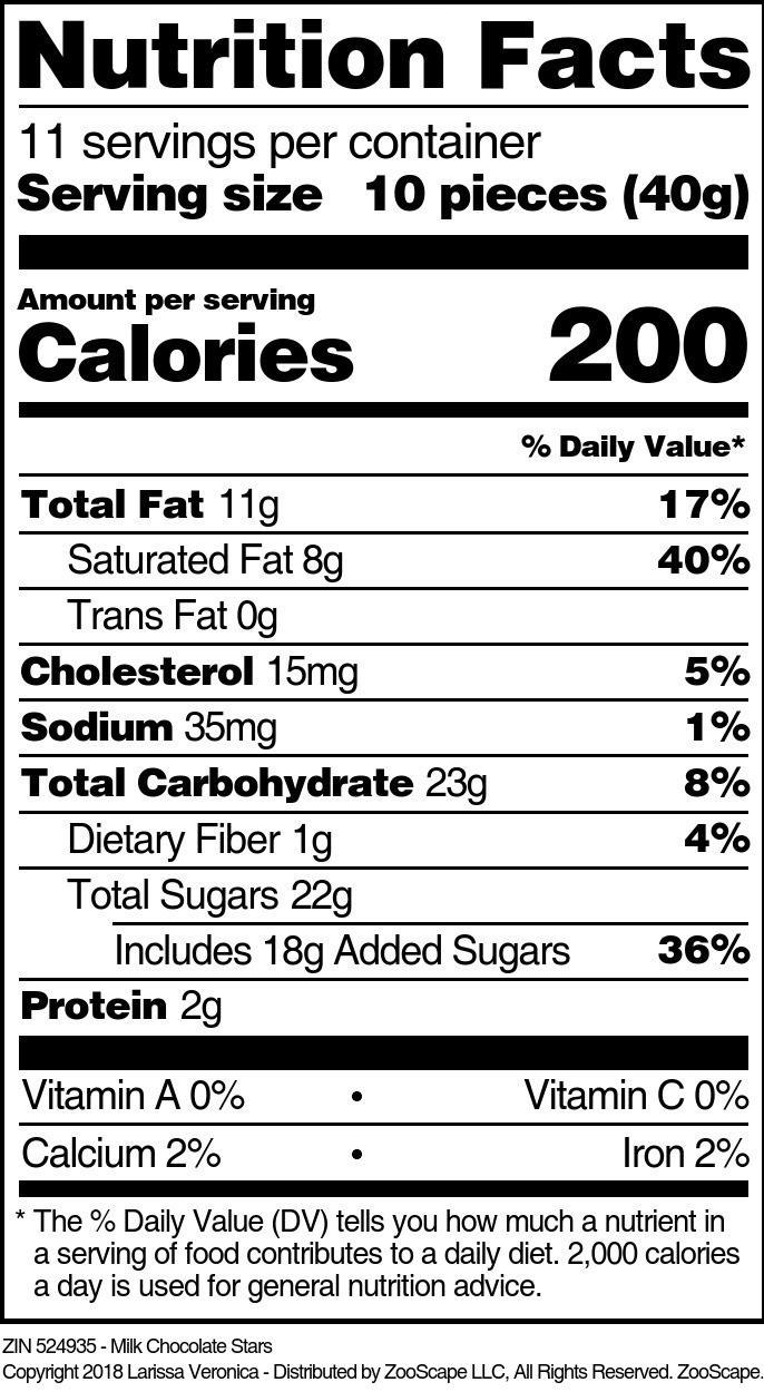 Milk Chocolate Stars - Supplement / Nutrition Facts