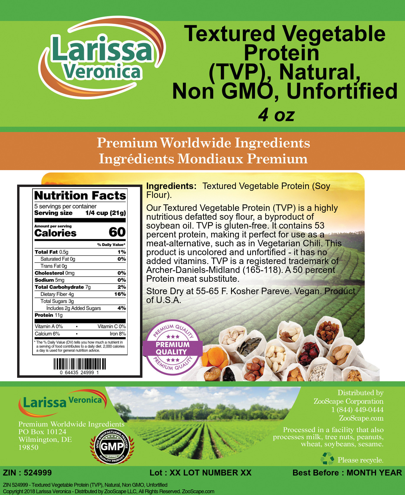 Textured Vegetable Protein (TVP), Natural, Non GMO, Unfortified - Label