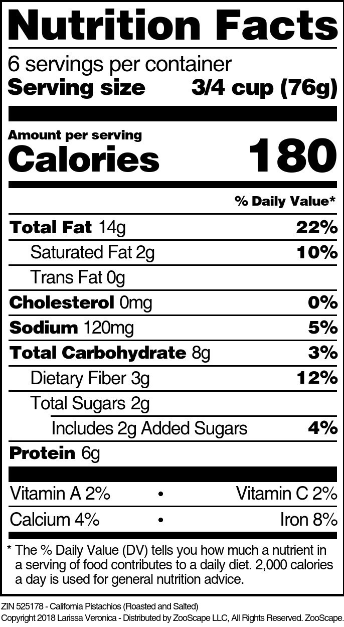 California Pistachios (Roasted and Salted) - Supplement / Nutrition Facts