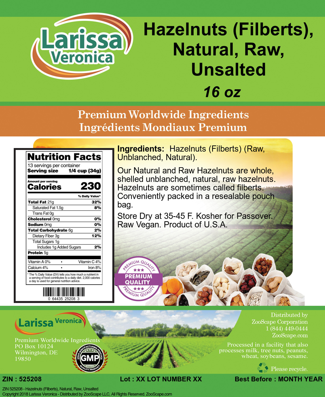 Hazelnuts (Filberts), Natural, Raw, Unsalted - Label
