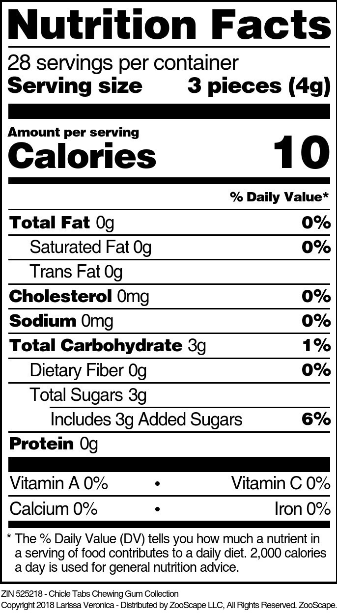 Chicle Tabs Chewing Gum Collection - Supplement / Nutrition Facts