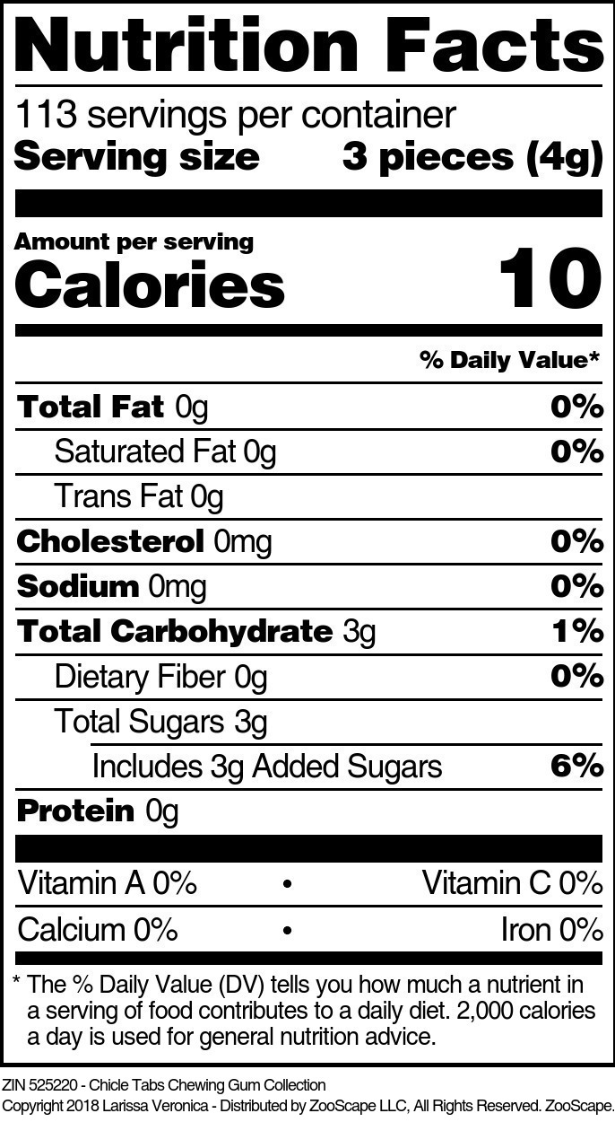 Chicle Tabs Chewing Gum Collection - Supplement / Nutrition Facts