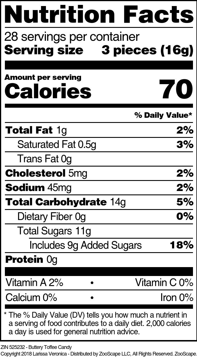 Buttery Toffee Candy - Supplement / Nutrition Facts