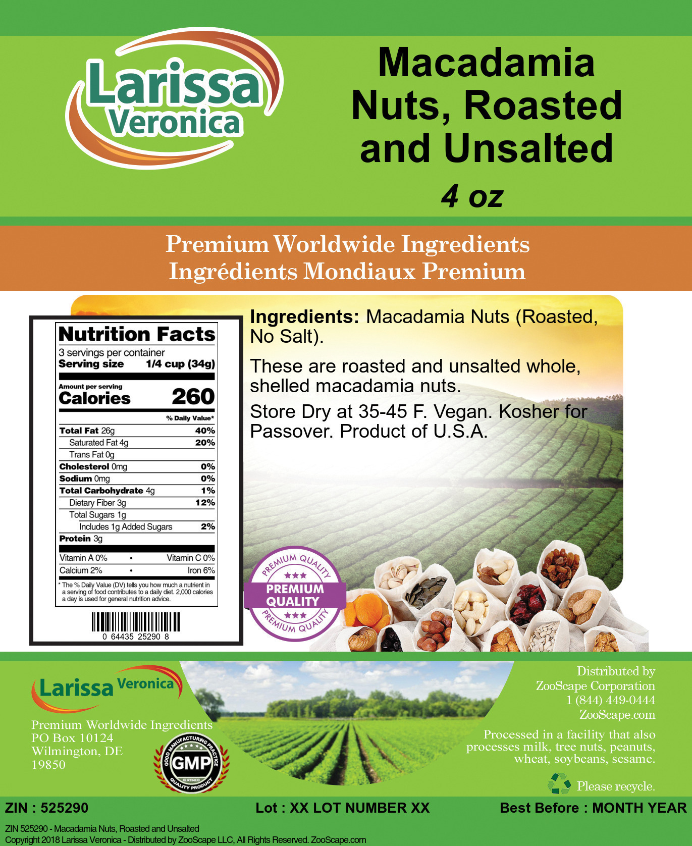 Macadamia Nuts, Roasted and Unsalted - Label