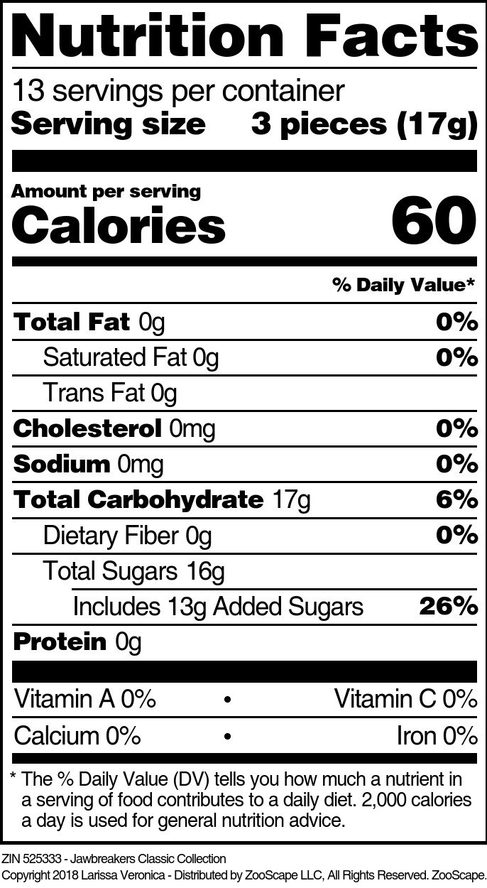 Jawbreakers Classic Collection - Supplement / Nutrition Facts