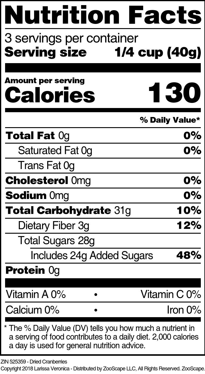 Dried Cranberries - Supplement / Nutrition Facts