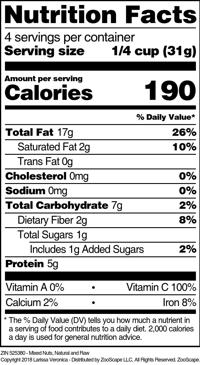 Mixed Nuts, Natural and Raw - Supplement / Nutrition Facts