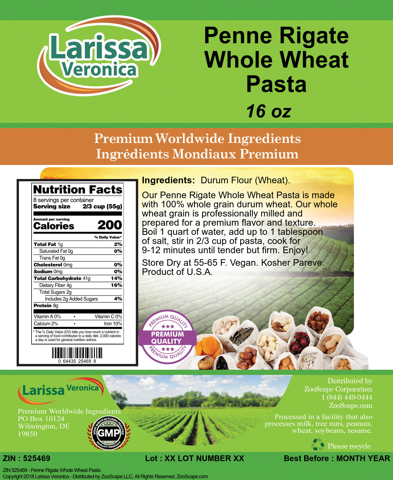 Penne Rigate Whole Wheat Pasta - Label