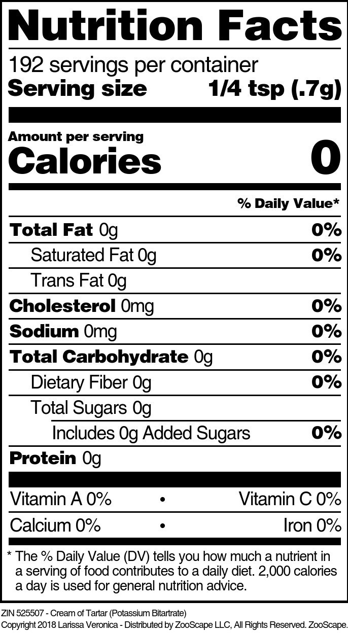 Cream of Tartar (Potassium Bitartrate) - Supplement / Nutrition Facts