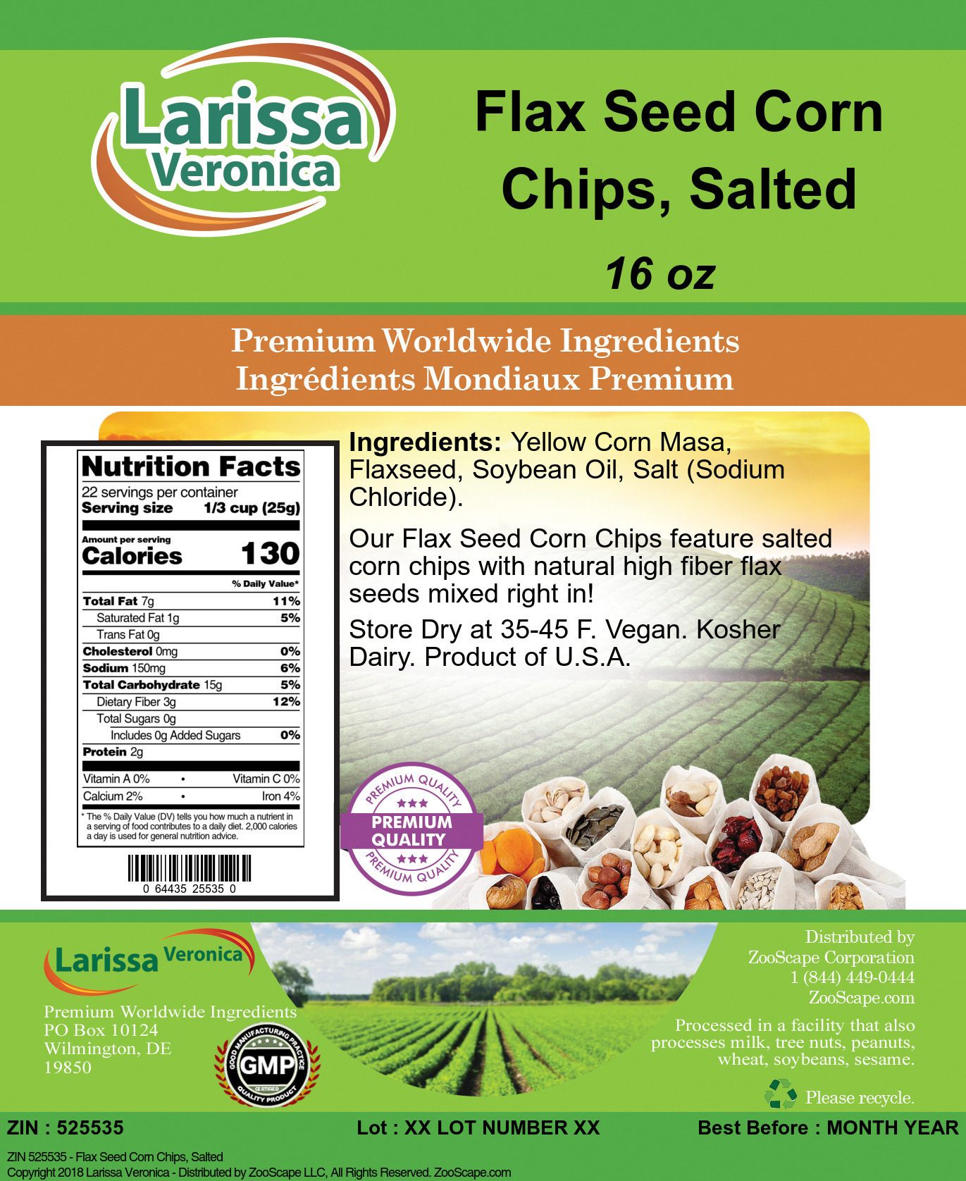 Flax Seed Corn Chips, Salted - Label