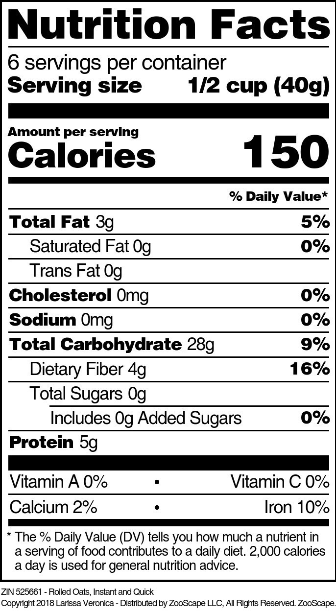 Rolled Oats, Instant and Quick - Supplement / Nutrition Facts