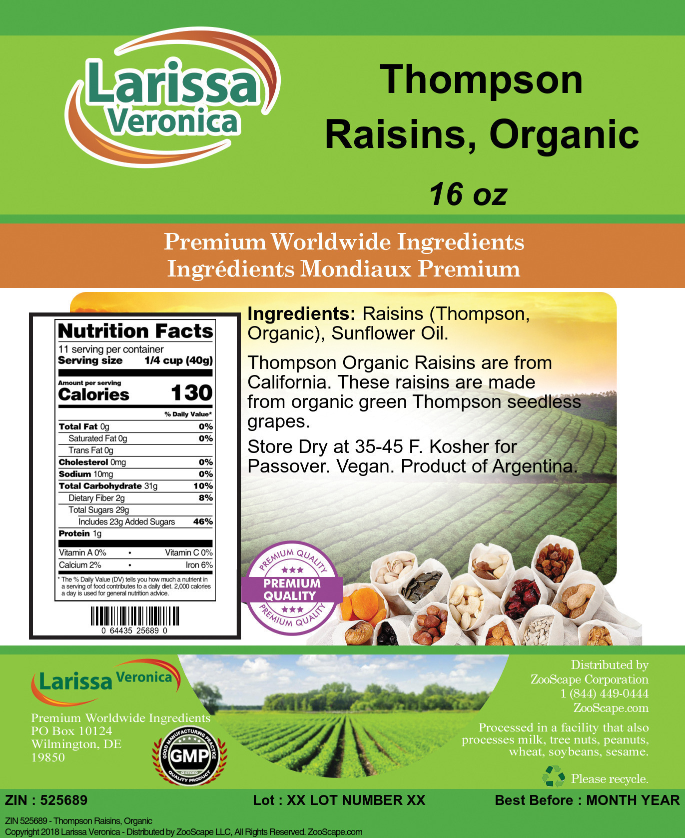 Thompson Raisins, Organic - Label