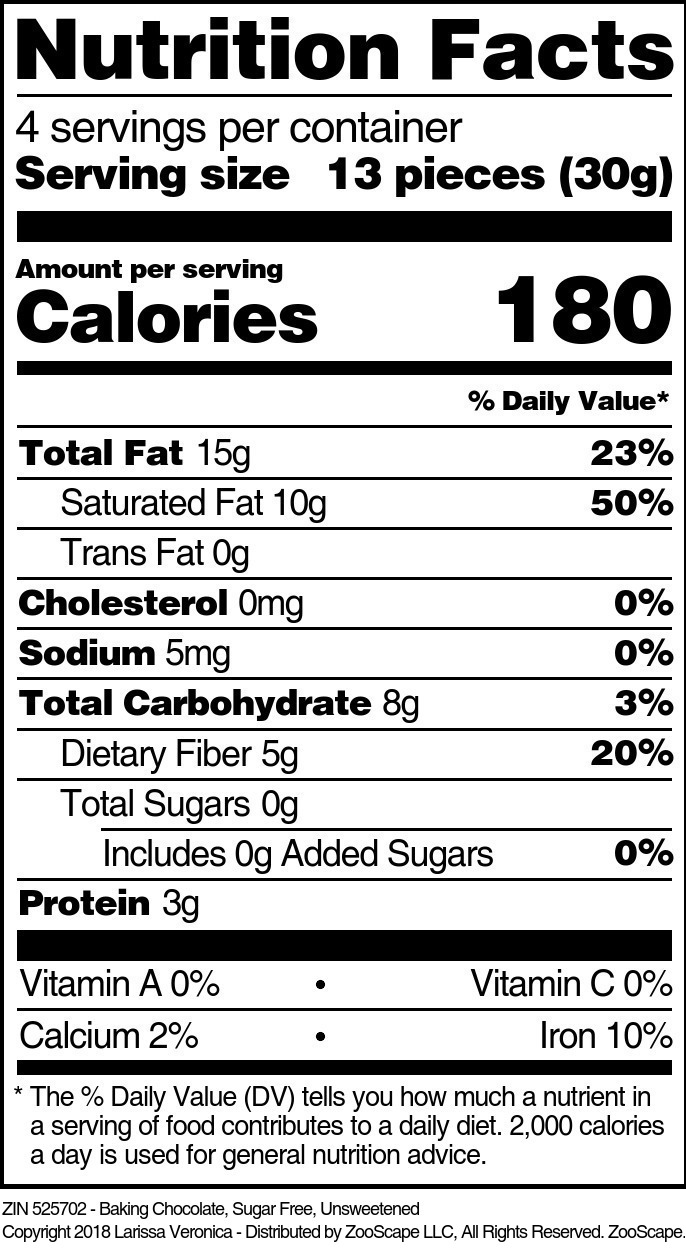 Baking Chocolate, Sugar Free, Unsweetened - Supplement / Nutrition Facts