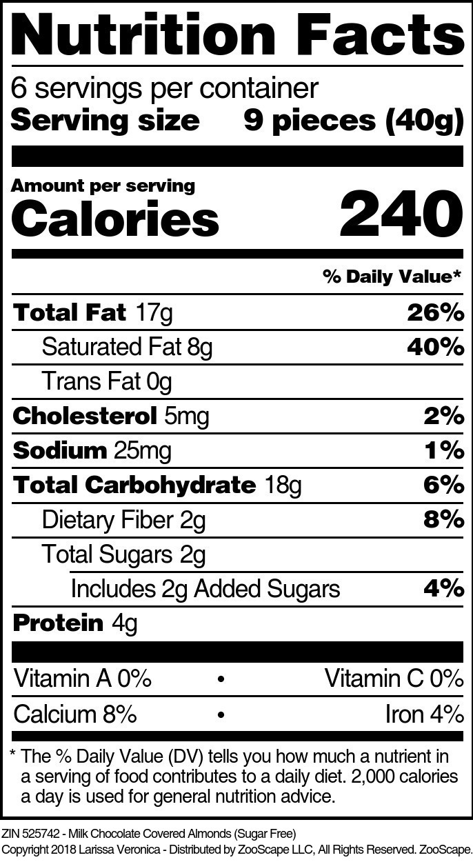 Milk Chocolate Covered Almonds (Sugar Free) - Supplement / Nutrition Facts