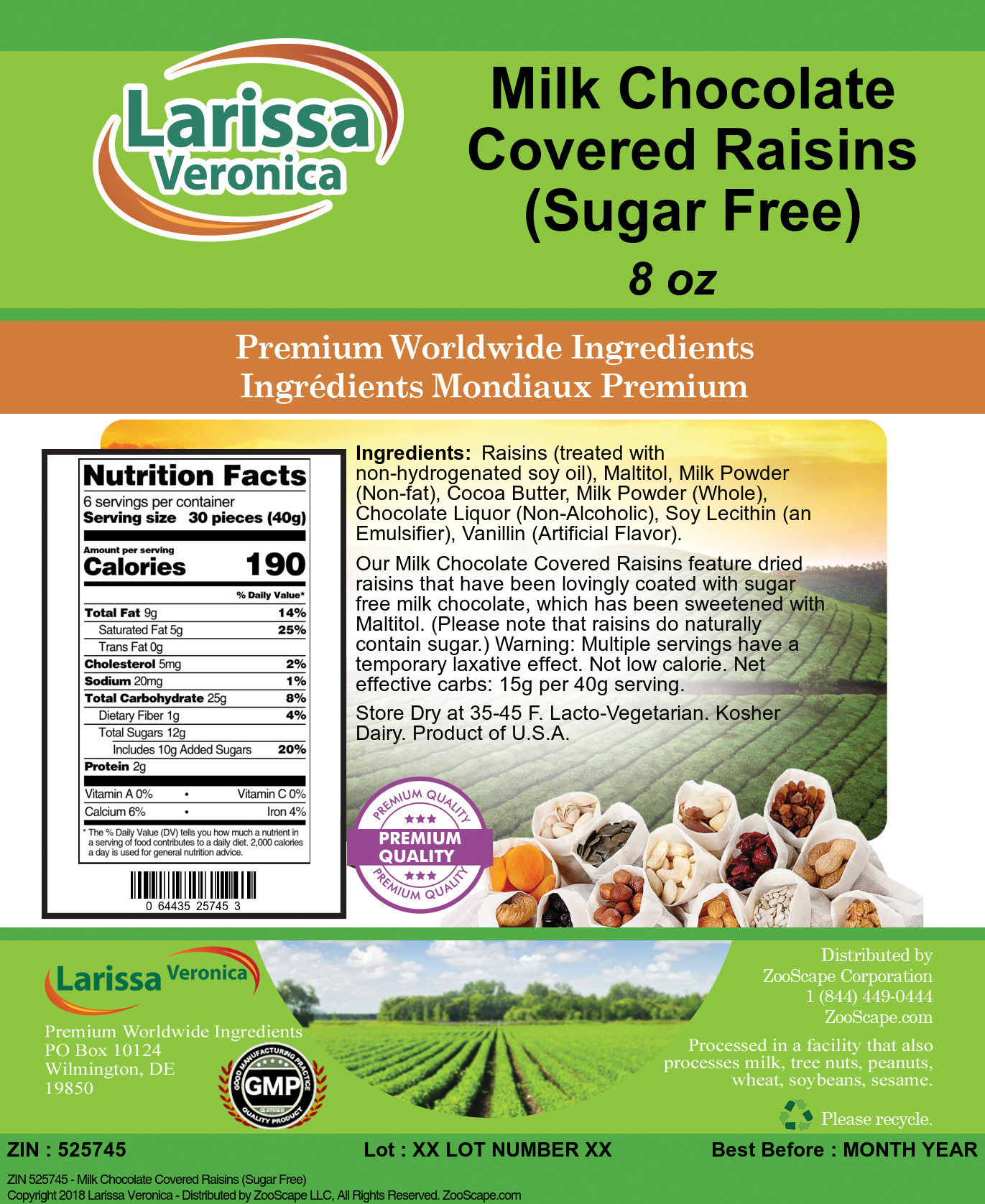 Milk Chocolate Covered Raisins (Sugar Free) - Label