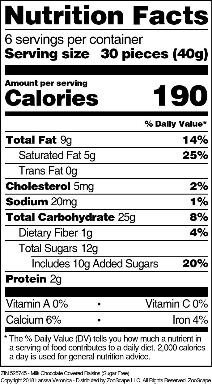Milk Chocolate Covered Raisins (Sugar Free) - Supplement / Nutrition Facts