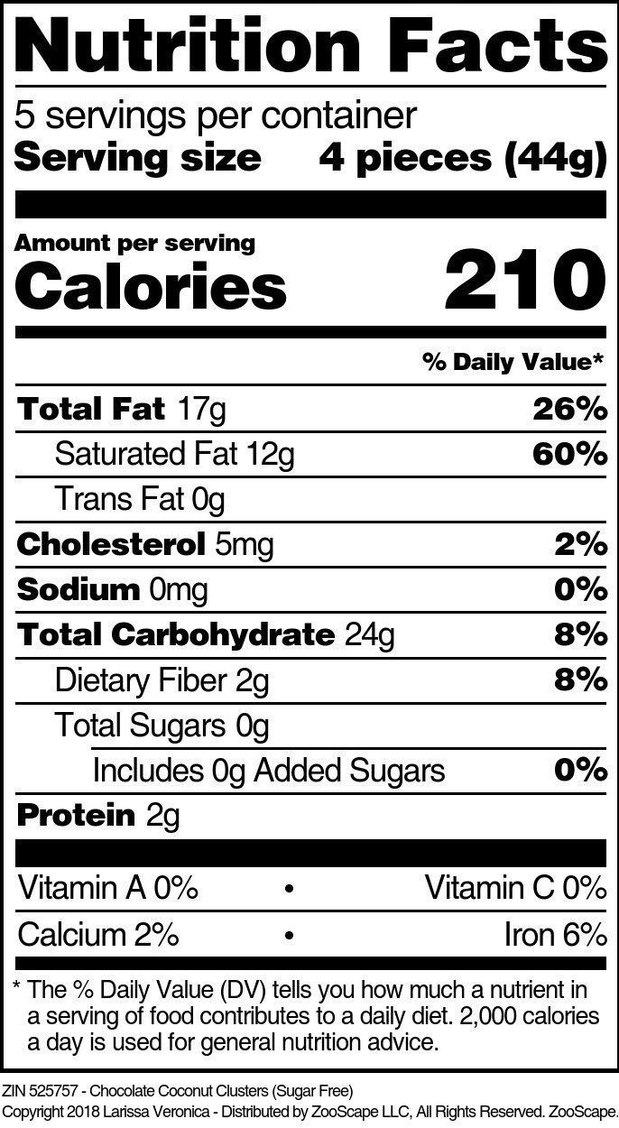 Chocolate Coconut Clusters (Sugar Free) - Supplement / Nutrition Facts