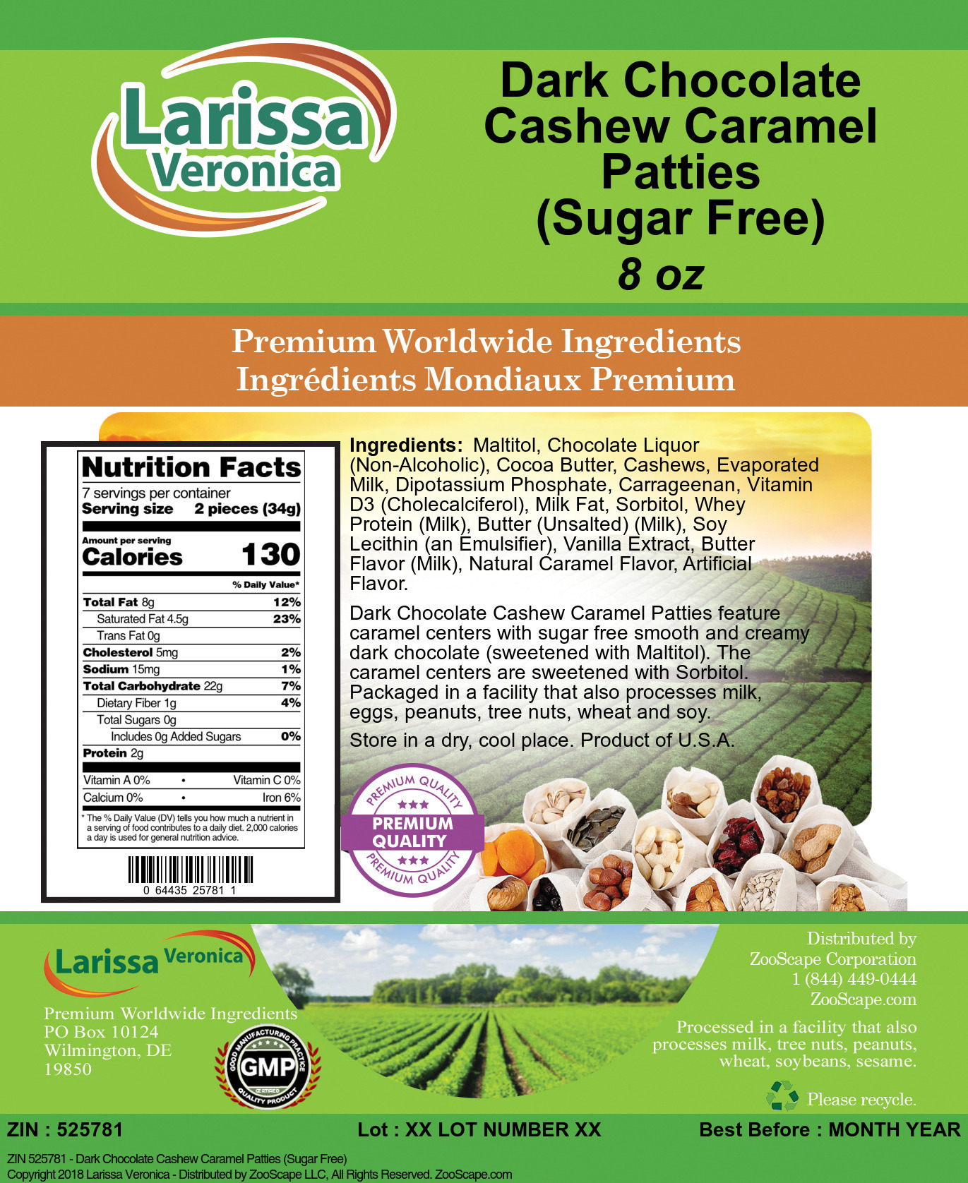 Dark Chocolate Cashew Caramel Patties (Sugar Free) - Label